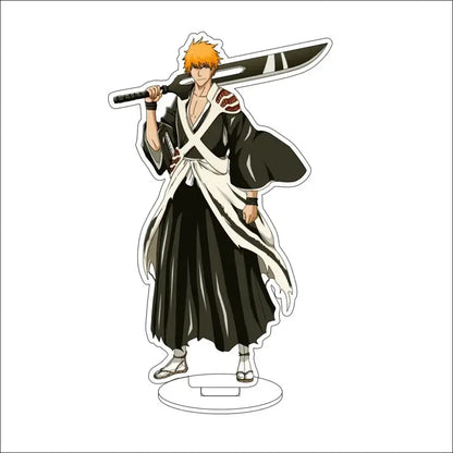Bleach isshin yuzu michiru acrylic stand figure with orange hair in black and white uniform holding large sword on clear base