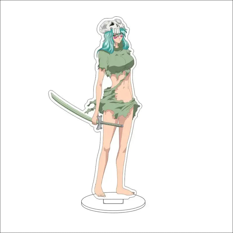 Bleach Isshin Yuzu Michiru acrylic stand figures featuring a teal-haired character in a green outfit holding a sword acrylic stand
