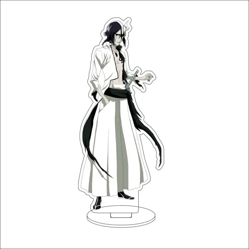 Clear acrylic stand figure of anime character isshin yuzu michiru in white and black outfit holding a sword