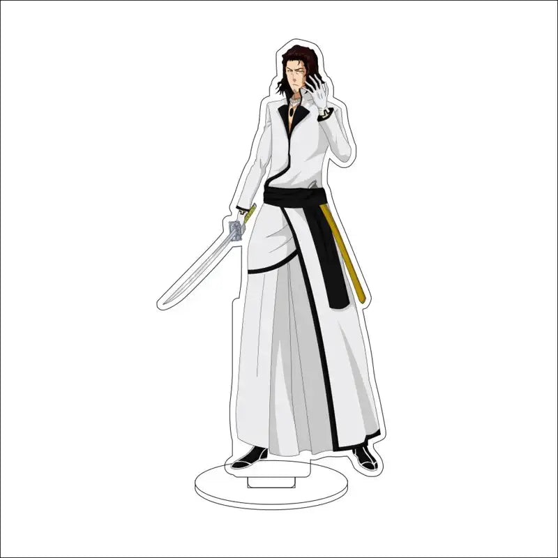 White and black acrylic stand featuring ichigo kurosaki in soul reaper uniform holding a sword from bleach stand figures