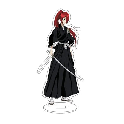 Bleach isshin yuzu michiru acrylic stand featuring a red-haired anime character in a black robe holding a sword