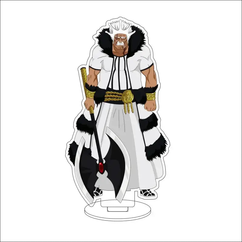 White and black acrylic stand figure of Isshin Yuzu Michiru from Bleach in white robe holding sword acrylic stand figures