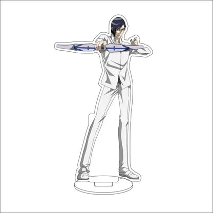 White acrylic stand figure of Bleach Isshin Yuzu Michiru anime character in white suit holding blue silver sword