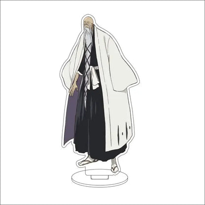 White acrylic stand featuring bleach captain yamamoto in black and white uniform with silver beard stand figures