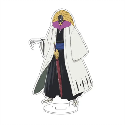 White acrylic stand featuring masked bleach character isshin yuzu michiru in long coat with blue sash and red sword sheath