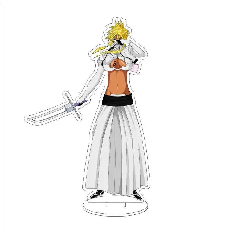 Clear acrylic stand figure of ichigo kurosaki in white shinigami uniform with spiky blonde hair and sword