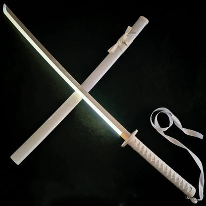 White plastic katana cosplay prop with led light blade and decorative handle featuring white ribbon tied on scabbard inspired by kuchiki rukia