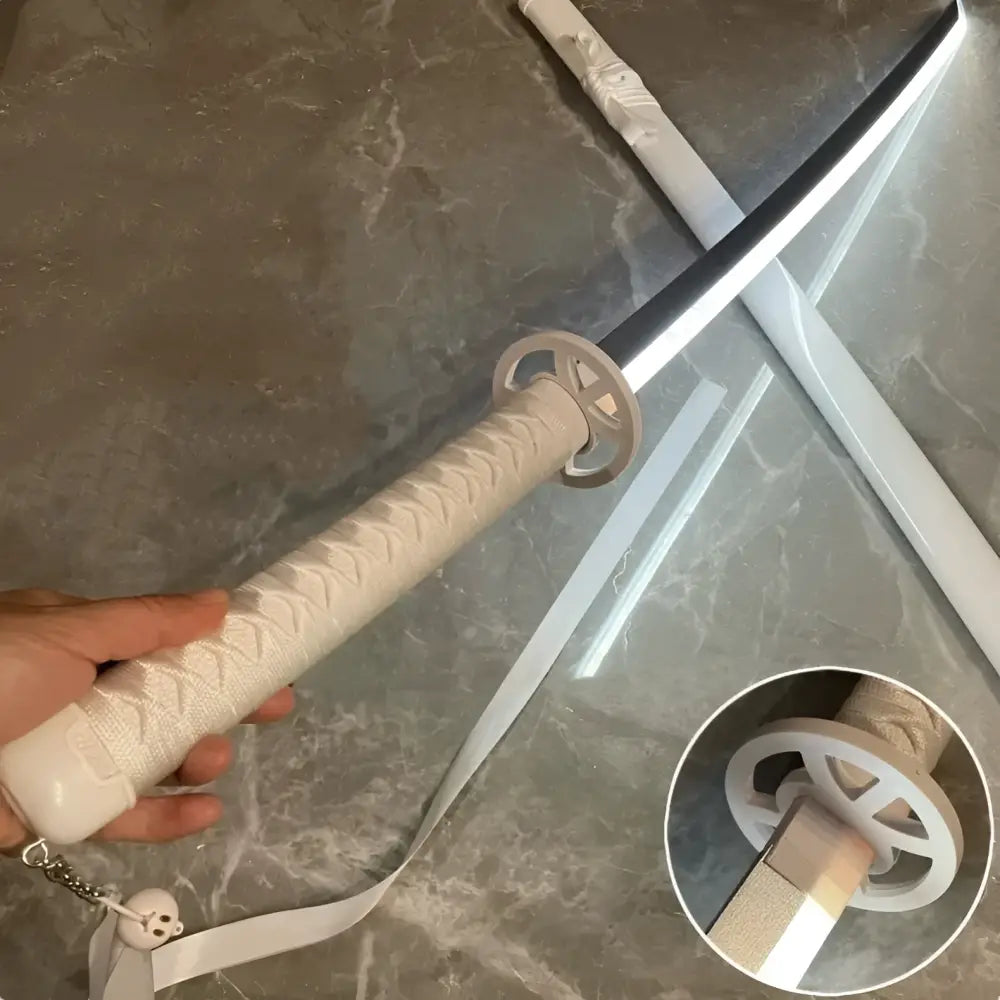 White plastic 40 inch led light cosplay prop sword with textured grip and skull keychain kuchiki rukia katana replica