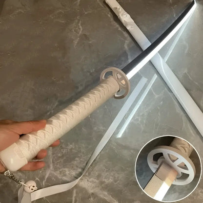 White plastic 40 inch led light cosplay prop sword with textured grip and skull keychain kuchiki rukia katana replica