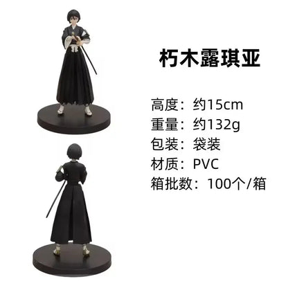 Black pvc bleach kuchiki rukia figurine in traditional attire holding sword standing on circular base for desktop decoration