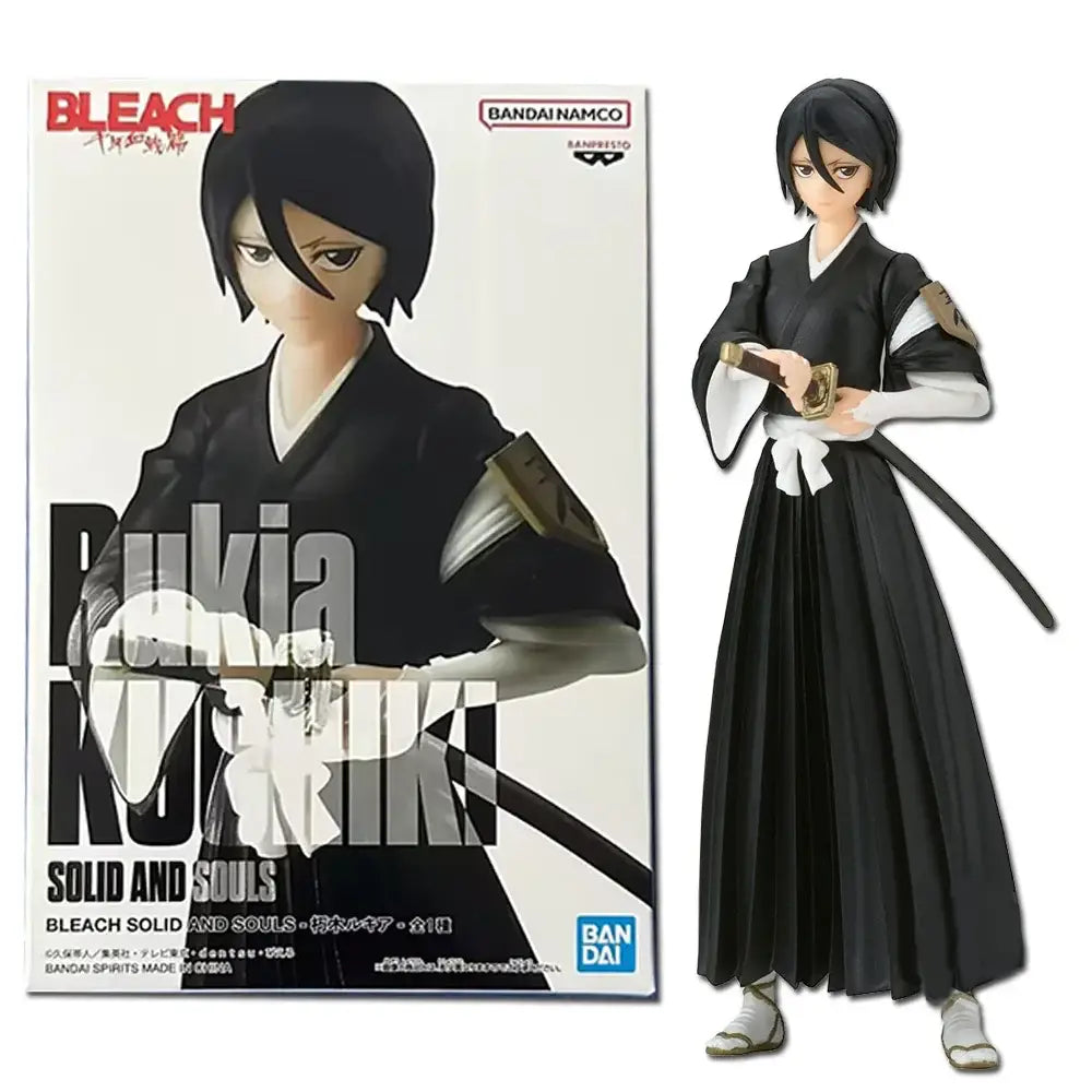 Black and white bleach kuchiki rukia pvc figure dressed in shinigami uniform holding sword desktop decoration