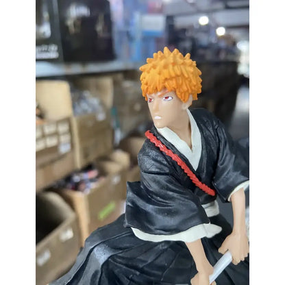 Bleach kuchiki rukia pvc figure with orange spiky hair in black and white uniform with red sash for desktop decoration
