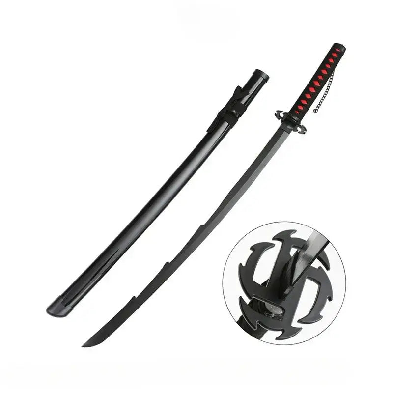 Black katana with red handle accents and black metal guard with matching sheath 104cm kurosaki ichigo samurai blade
