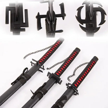 Black and red 104cm kurosaki ichigo samurai katana replica swords with intricate designs and matching black scabbards