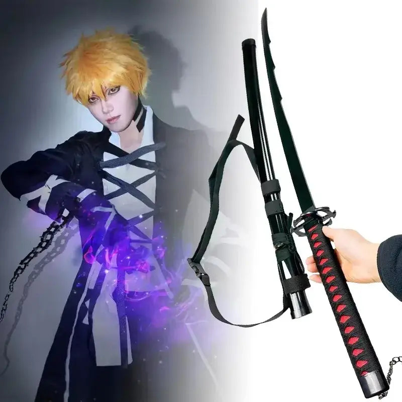 Black and red kurosaki ichigo samurai katana with red cord wrapped black handle and silver tip 104cm kurosaki ichigo blade