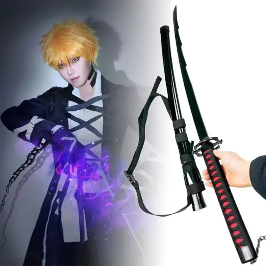 Black and red kurosaki ichigo samurai katana with red cord wrapped black handle and silver tip 104cm kurosaki ichigo blade