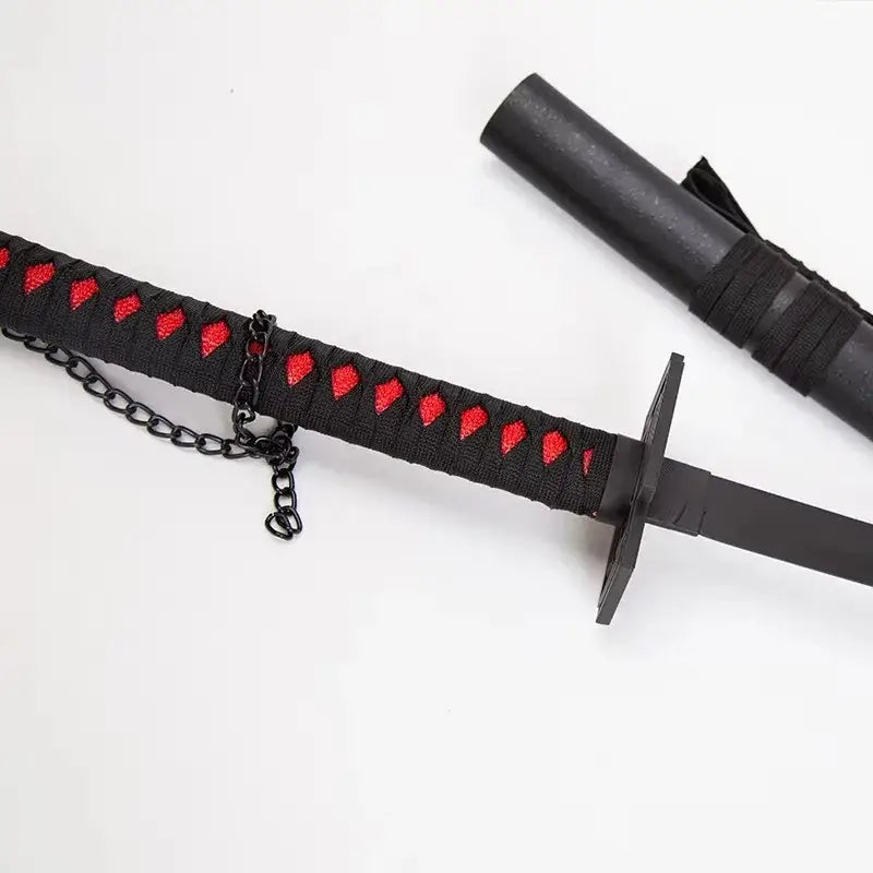 Black kurosaki ichigo samurai katana 104cm blade with red diamond accents and black cord wrapped handle with chain