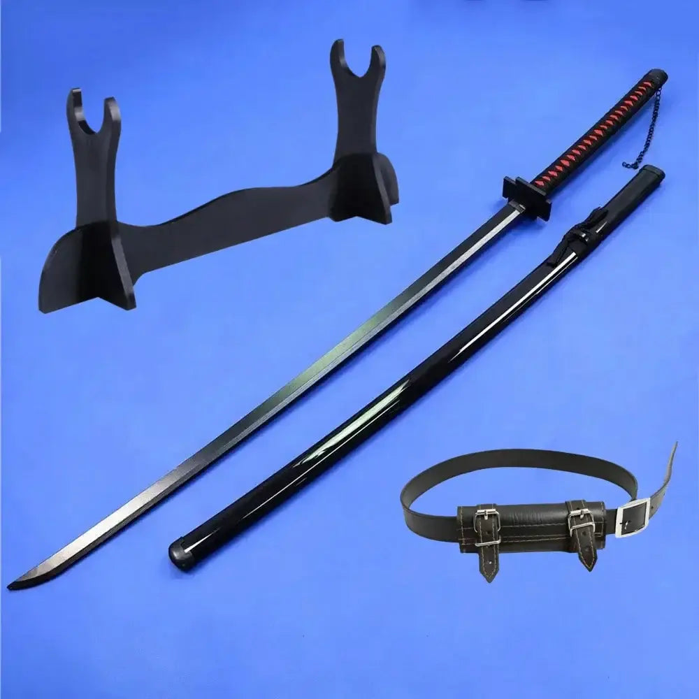 Bleach kurosaki ichigo katana sword 55 inch black blade with red handle accents displayed with stand and leather belt