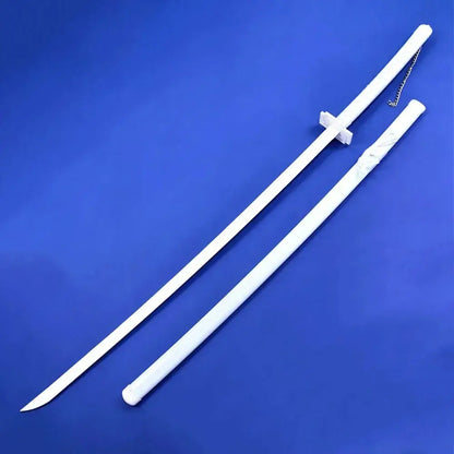 White plastic replica of kurosaki ichigo katana sword with crossguard, sheath, and chain attachment, 55 inch real size