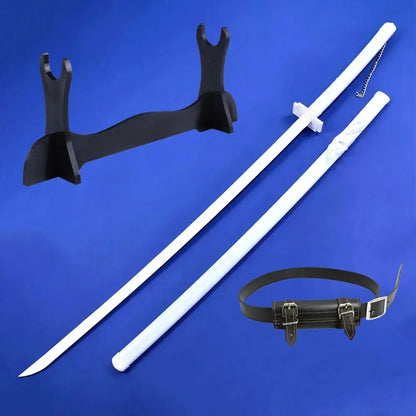 White plastic kurosaki ichigo katana sword with black leather belt and stand 55 inch real size replica