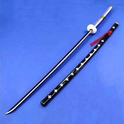 Bleach kurosaki ichigo katana sword 55 inch with black and white cross-pattern blade and purple handle with gold accents