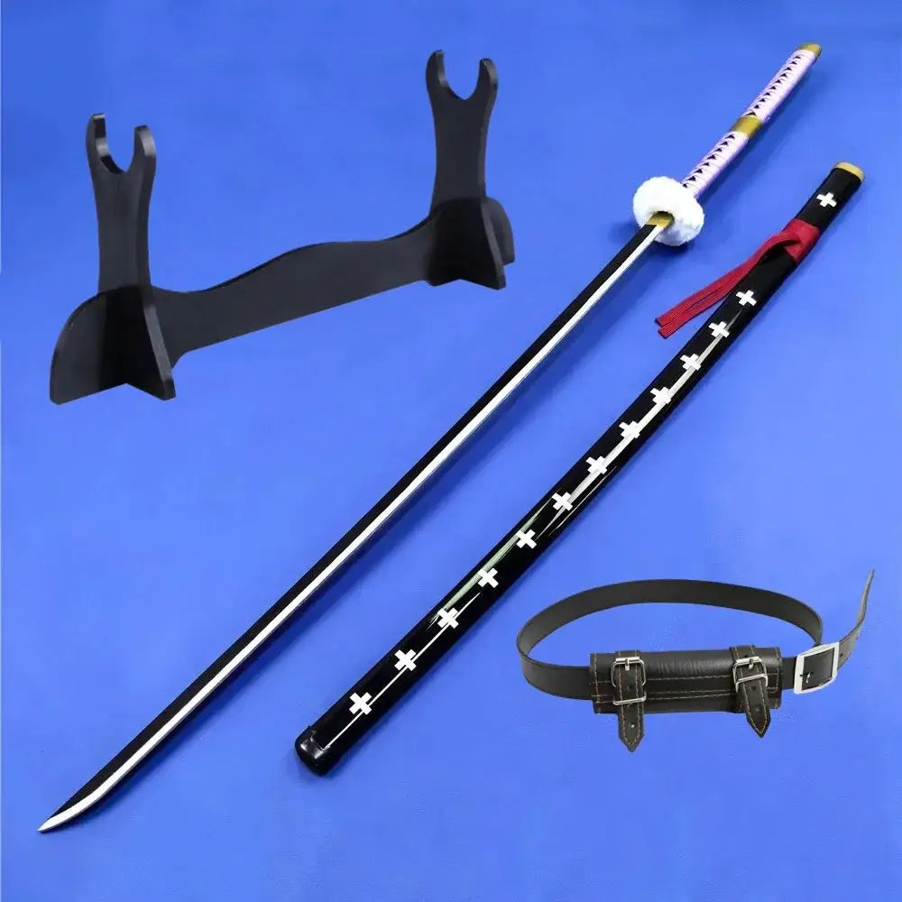 Black kurosaki ichigo katana sword with silver cross patterns and white fluffy tassel on the hilt 55 inch real size