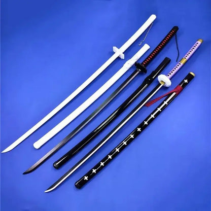 Five decorative kurosaki ichigo katana swords with varying handle colors including white black purple and red accents