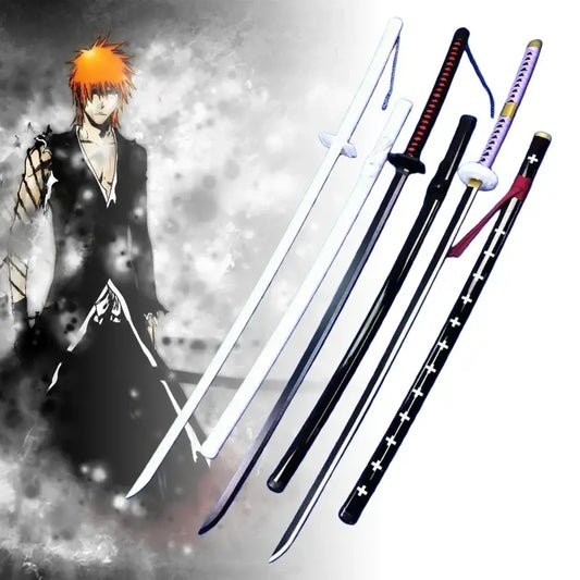 Five stylized kurosaki ichigo katana swords with black white and purple hilts arranged diagonally over a grayscale anime background