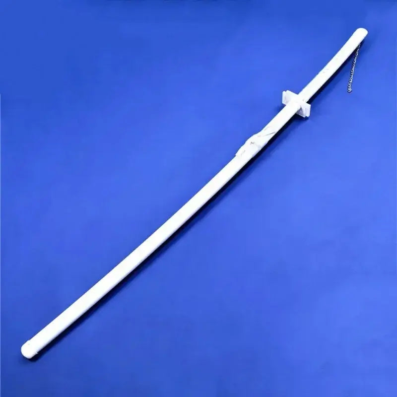 White plastic replica of kurosaki ichigo katana sword with minimalist design and small chain near the hilt, 55 inch real size