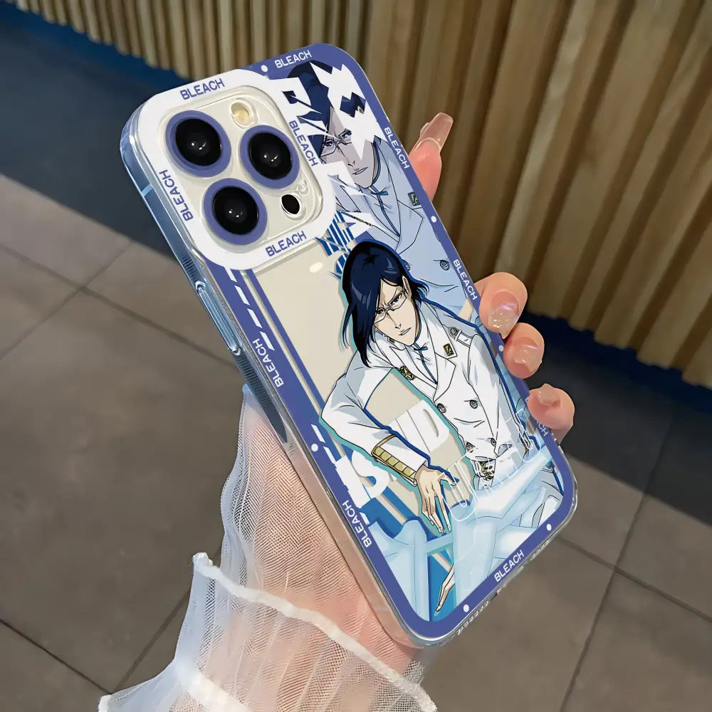 Clear bleach kurosaki ichigo phone case with blue and white anime artwork and bleach branding on transparent cover back side