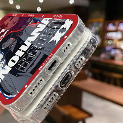 Clear plastic phone case with vibrant red and black bleach kurosaki ichigo anime design featuring kurosaki ichigo