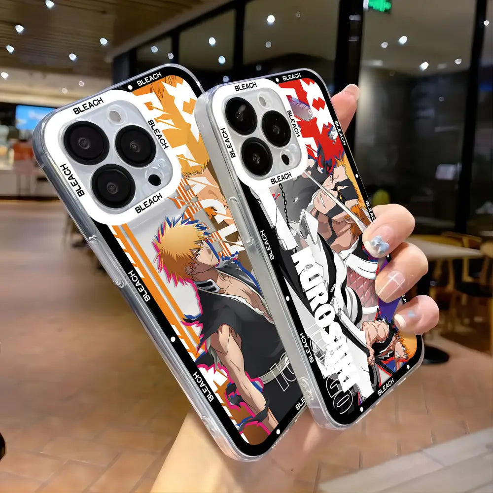 Clear phone case with vibrant bleach kurosaki ichigo anime artwork in orange black and white text on the back side