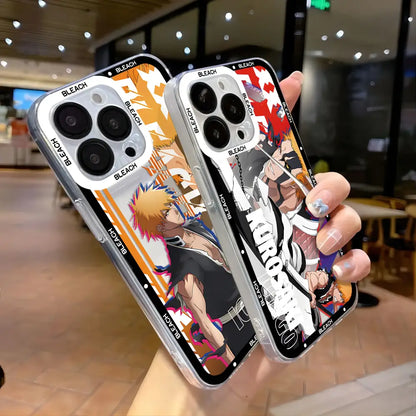 Clear phone case with vibrant bleach kurosaki ichigo anime artwork in orange black and white text on the back side