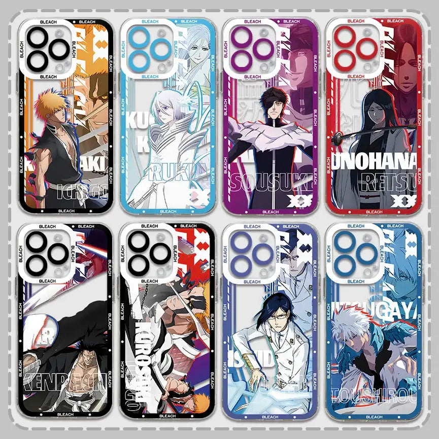 A collection of colorful transparent bleach kurosaki ichigo phone cases featuring anime characters in vibrant designs