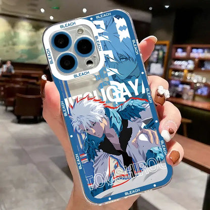 Blue and white translucent bleach kurosaki ichigo phone case with anime design and repeated bleach text on edges