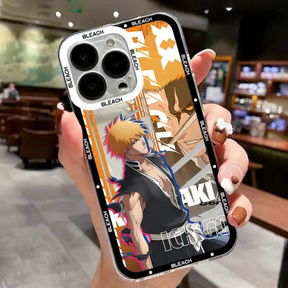 Clear transparent phone case with orange and black bleach kurosaki ichigo anime design featuring kurosaki ichigo character back view
