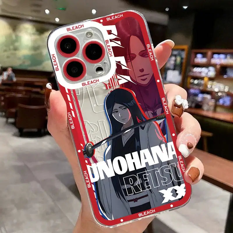 Back side of bleach kurosaki ichigo transparent phone case with red and clear design featuring unohana retsu and sword graphic