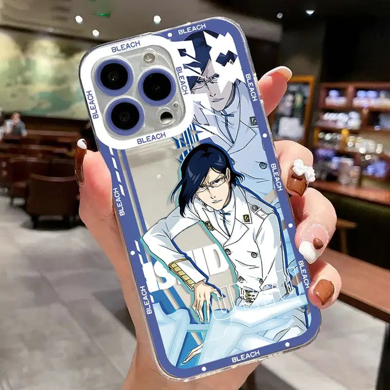 Blue and white bleach kurosaki ichigo anime-themed transparent phone case with character artwork and repeated bleach edges
