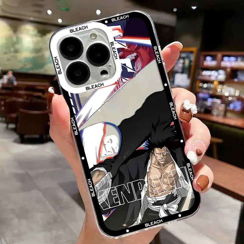 Clear phone case featuring vibrant bleach kurosaki ichigo anime design with black white red and blue colors on back side