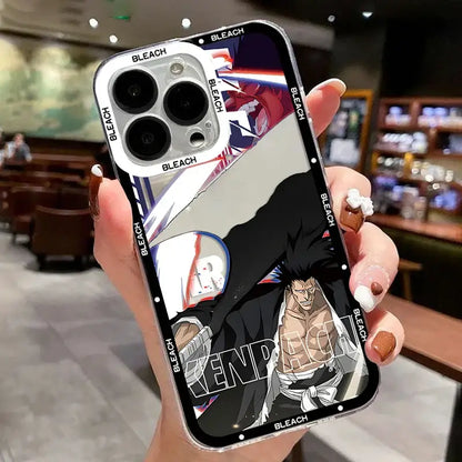 Clear phone case featuring vibrant bleach kurosaki ichigo anime design with black white red and blue colors on back side