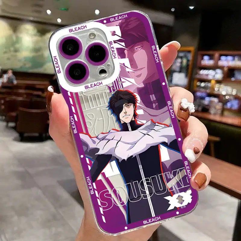 Purple transparent phone case featuring bleach kurosaki ichigo anime characters with bleach text along the edges