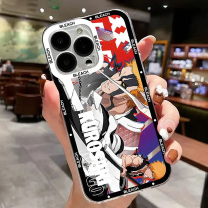 Clear phone case with vibrant bleach kurosaki ichigo anime design in bold red white and black colors on transparent cover
