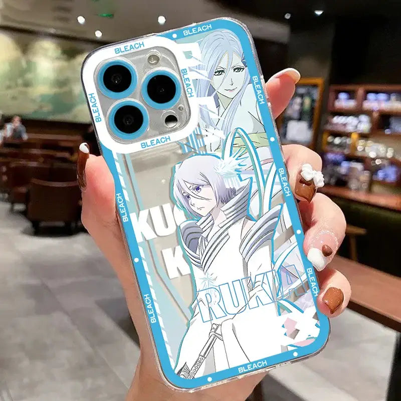 Translucent blue bleach kurosaki ichigo phone case featuring anime characters and kuku printed in bold white letters on back