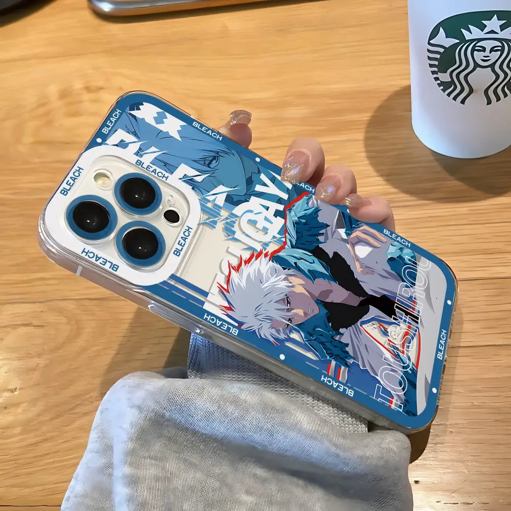 Transparent bleach kurosaki ichigo phone case with vibrant blue white anime design and repeated bleach logo edges