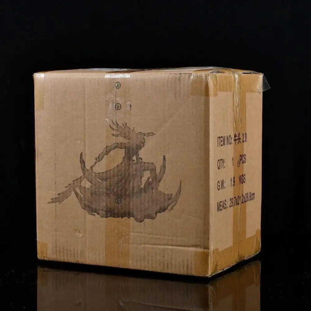 Brown cardboard box with kurosaki ichigo black ink illustration and shipping details for bleach pvc statue 23cm figure