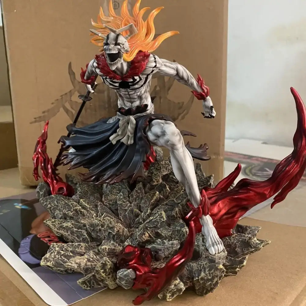 Detailed kurosaki ichigo resin statue with fiery orange hair on rocky terrain 23cm pvc figure