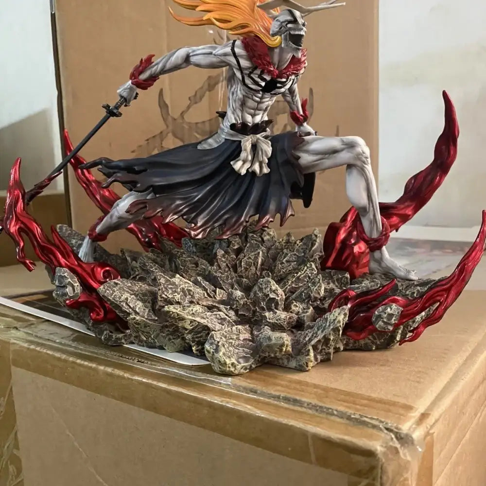 Bleach kurosaki ichigo pvc statue 23cm figure with flowing orange hair wielding sword on rocky base with red accents