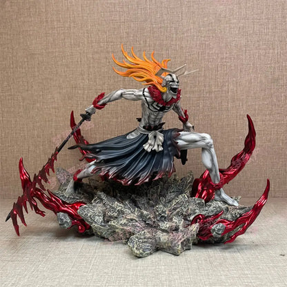 Bleach kurosaki ichigo pvc statue 23cm featuring silver black skeletal warrior with fiery orange hair and red flame accents
