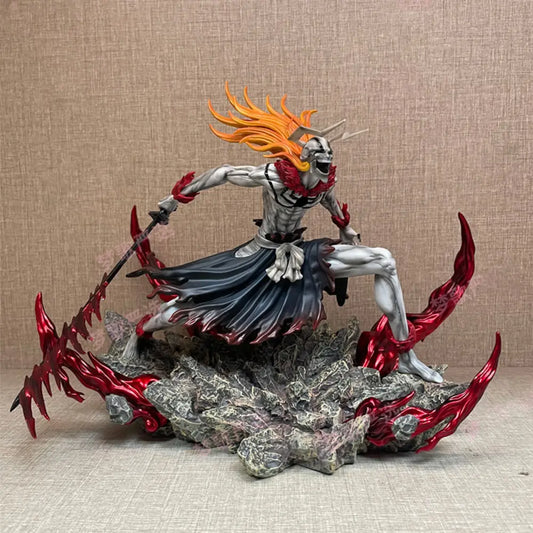 Bleach kurosaki ichigo pvc statue 23cm featuring silver black skeletal warrior with fiery orange hair and red flame accents