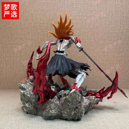 Bleach kurosaki ichigo pvc statue featuring orange-haired figure in white and black attire with red flame accents holding sword on rocky base